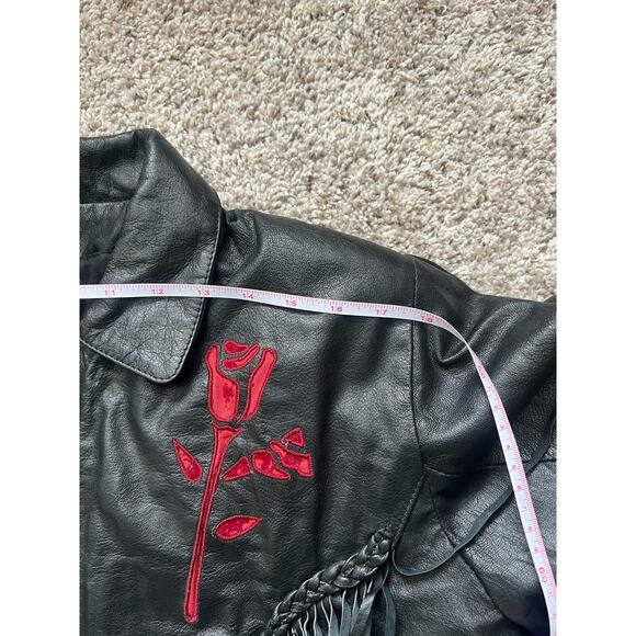 Vintage Addis Biker Fringe Leather Jacket Velvet Cut Out Rose Conchos Womens 16 - Picture 10 of 12